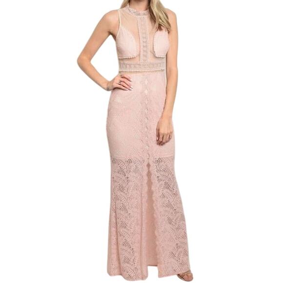 Soieblu Maxi Dress Womens L Pink Lace Front Slit Sheer Panel Feminine  Romantic